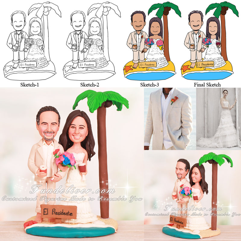 Groom Holding Cigarette Tropical Beach Wedding Cake Toppers
